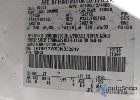 2003 Ford F-150 Xl/Xlt from USA, damaged, VIN 1FTRF17W03NB32849